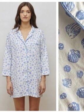 Marigot White Blue Seashell Lorient Block Print Nightshirt S
